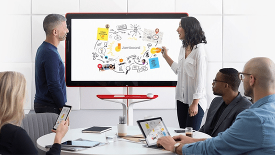 A collaborative, digital whiteboard built for the cloud
Jamboard takes the whiteboard to the cloud, delivering a collaborative experience designed to unlock your team’s creativity, in real-time, from anywhere. You can share a jam session with collaborators whether they are on a Jamboard device, mobile app or web browser. People in up to 50 user sessions can work on a jam at once.
Collaborate with any device:
-Create, edit, and share jams from your phone, tablet, or computer.
-Open a jam on a nearby Jamboard from your phone or tablet.
-Connect your computer to Jamboard device. Jamboard displays your screen and lets you control the computer from the board’s touchscreen.
-Pick up where you left off earlier or email your jam session when you finish.
Starting at $5,000